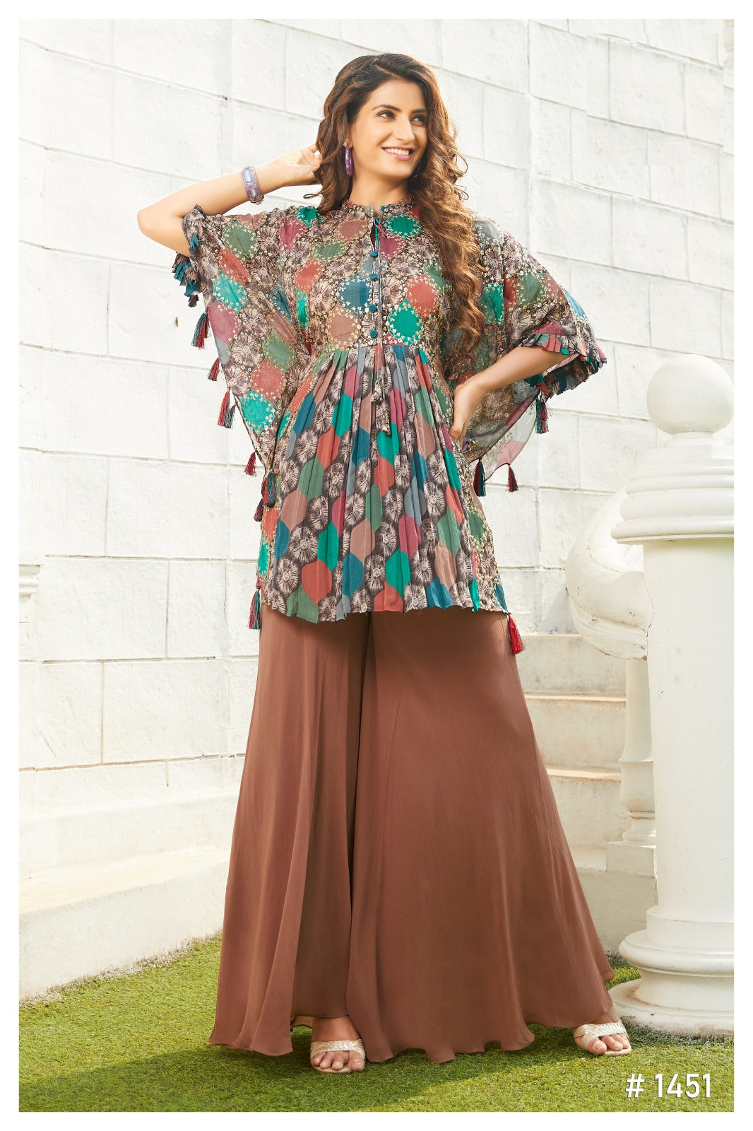 Bohemian Multicolor Printed Short Kurta with Palazzo Pants | Kaftan Style Tassel Sleeve Design - Inayah Fashion