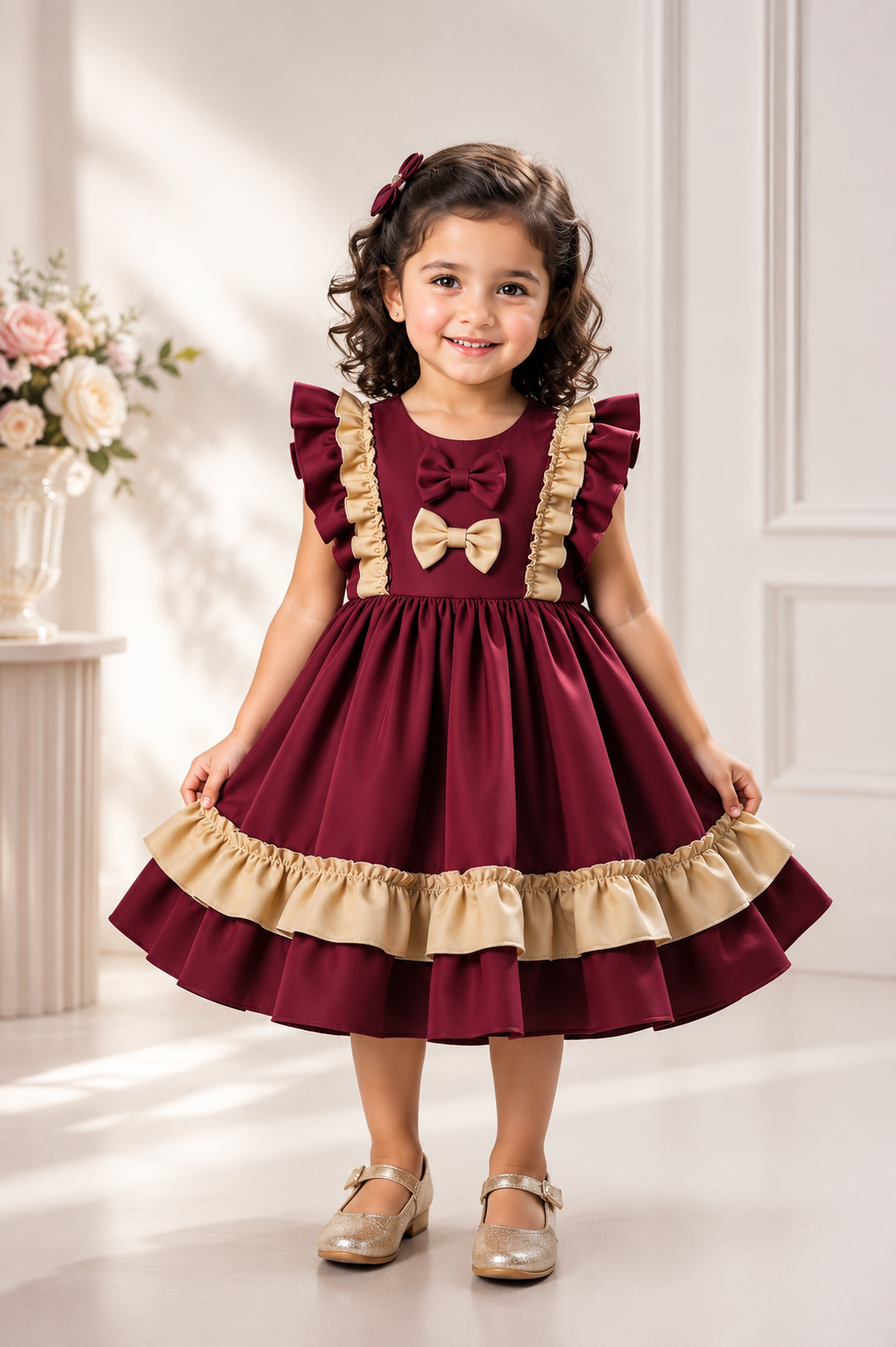Cherry cream ruffle party dress for girls with vintage styling