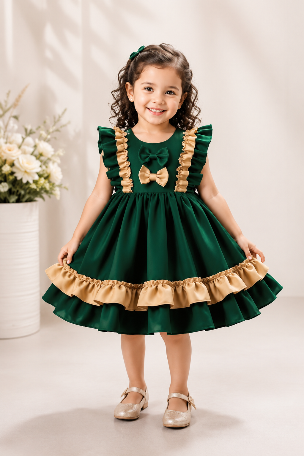 Emerald green party frock for girls with beige frills and bows