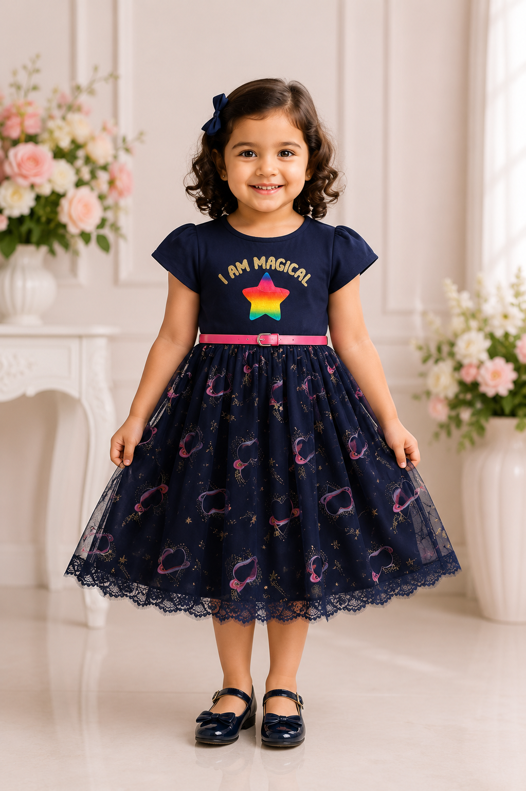 Girls navy blue magical star tulle dress with belt