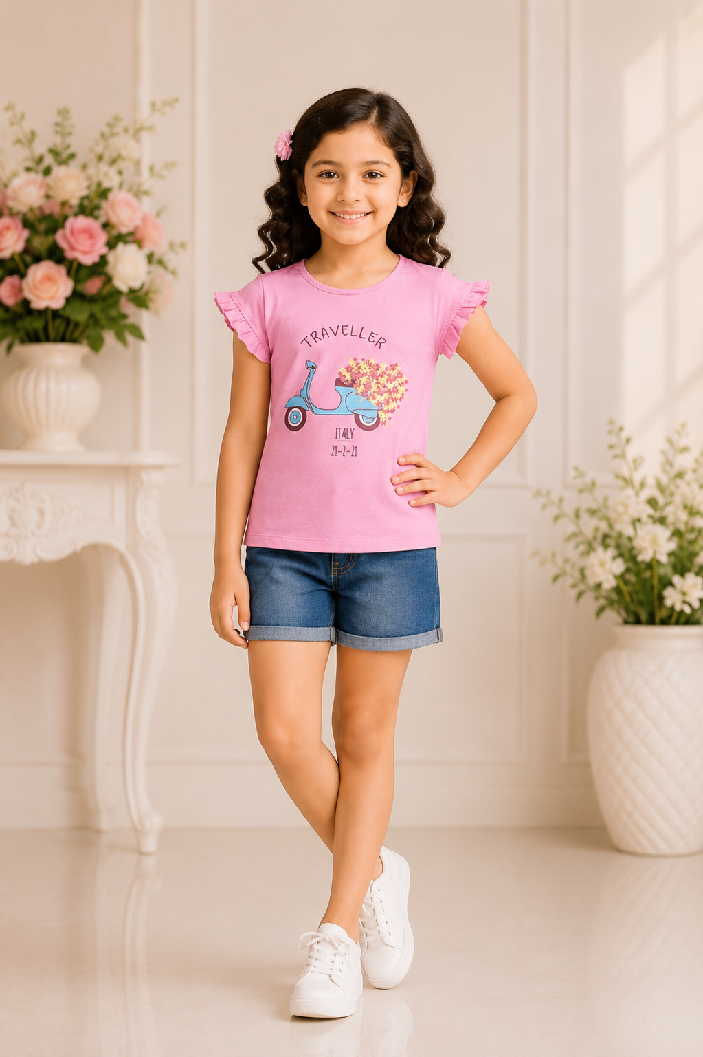 Pink girls t-shirt with blue scooter and floral heart print