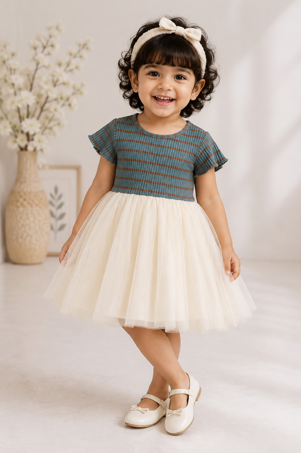 Green striped cotton and tulle party dress for baby girls
