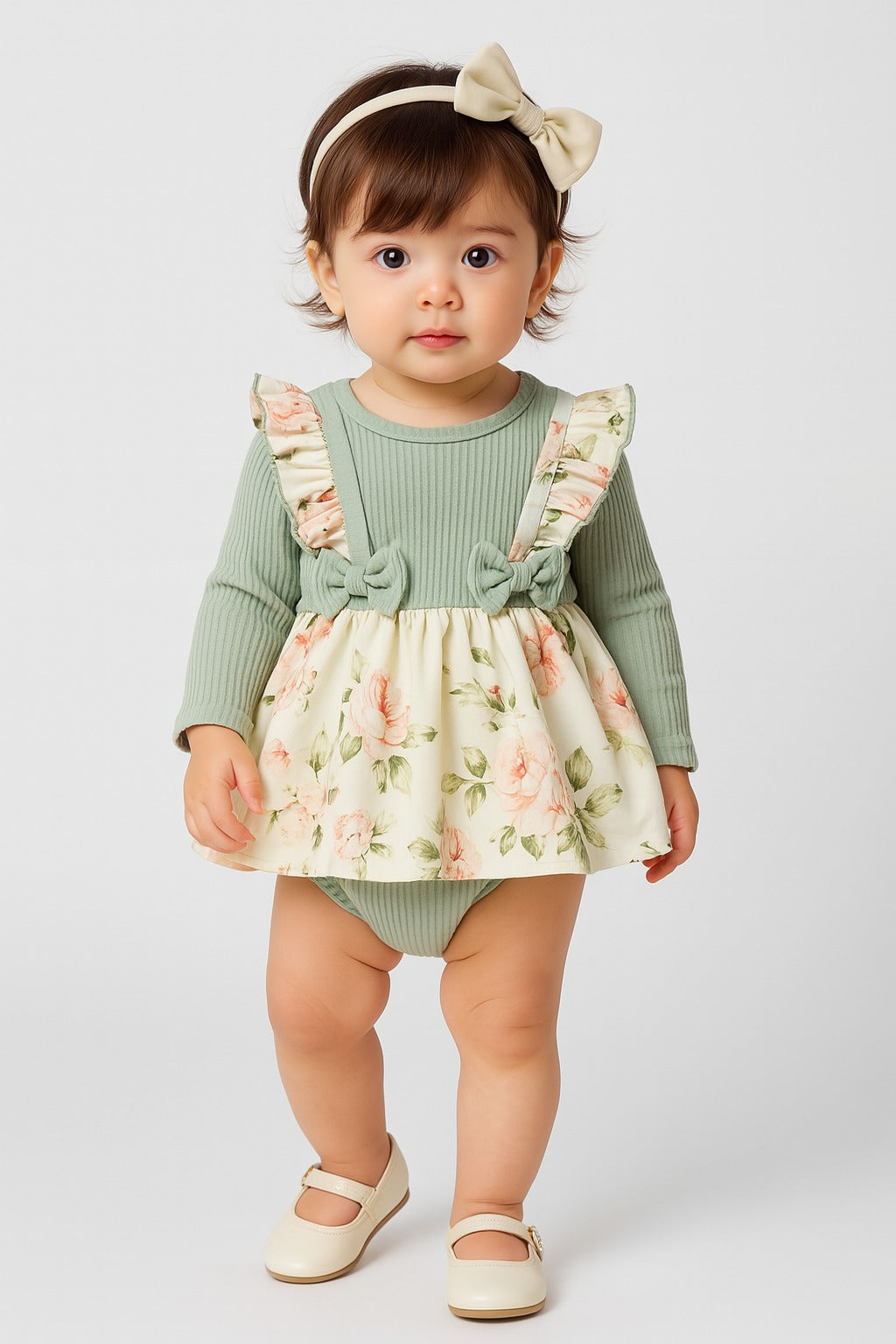 Floral Mint Green Baby Girl Romper Dress with Headband - Inayah Fashion