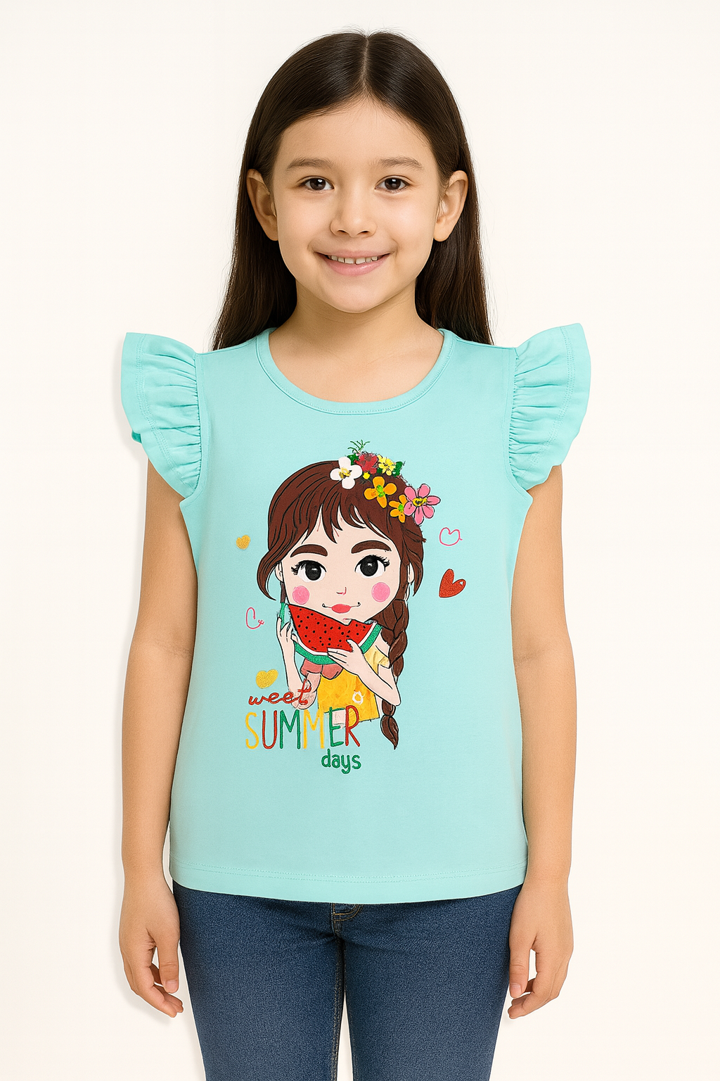 Girls aqua blue ruffle sleeve t-shirt with watermelon print