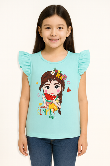 Girls aqua blue ruffle sleeve t-shirt with watermelon print