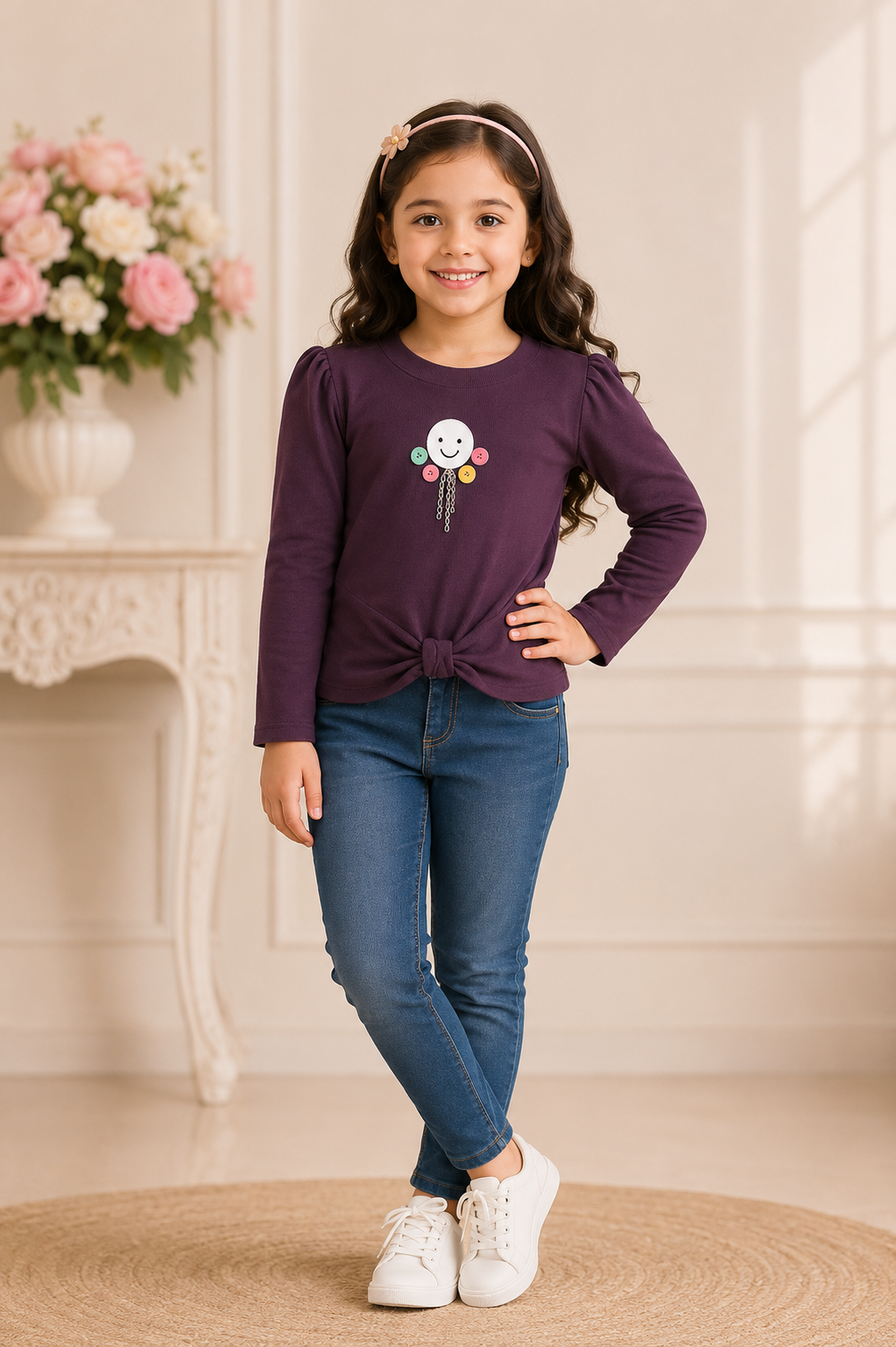 Girls purple full sleeve knit top with front bow and smile badge