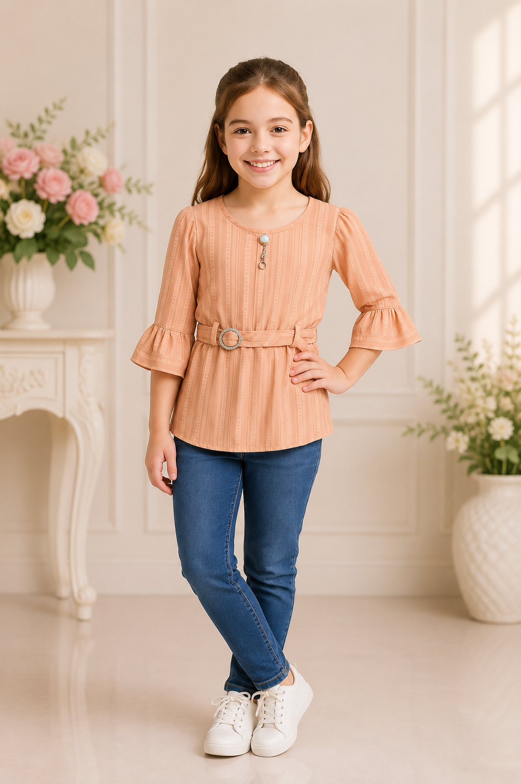 Girls peach striped peplum top with belt and pearl brooch