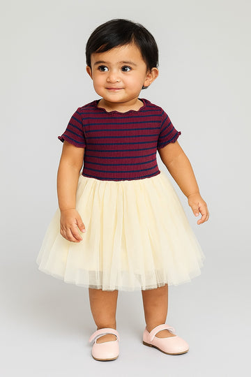 Striped knit and tulle frock for baby girls with cream skirt