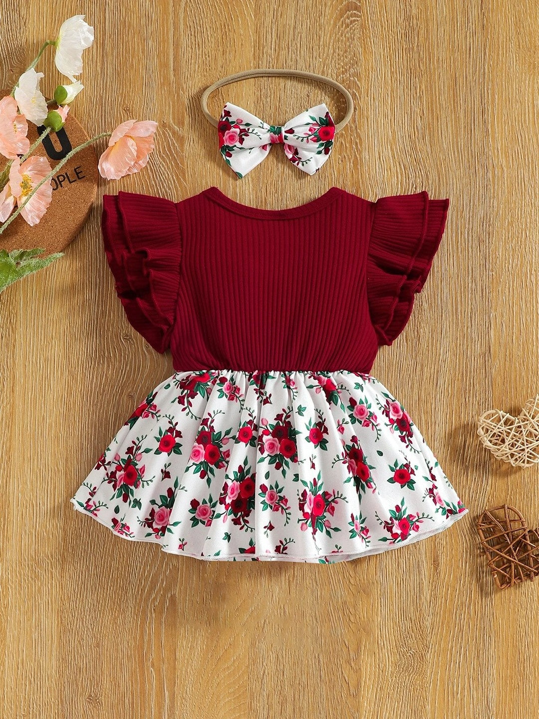 Adorable Burgundy Ruffle Top and Floral Suspender Skirt Set with Matching Headband - Inayah Fashion