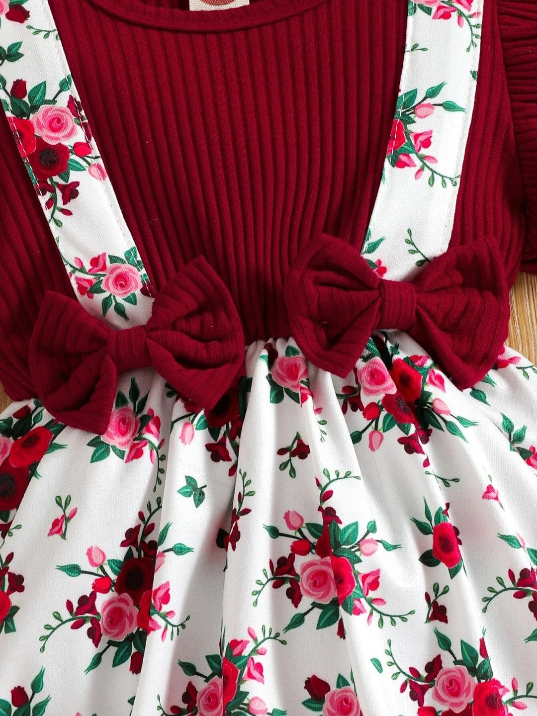 Adorable Burgundy Ruffle Top and Floral Suspender Skirt Set with Matching Headband - Inayah Fashion