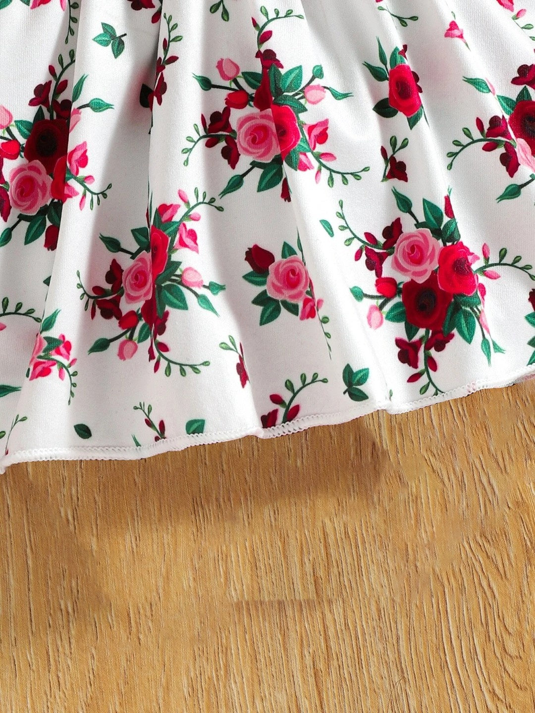 Adorable Burgundy Ruffle Top and Floral Suspender Skirt Set with Matching Headband - Inayah Fashion