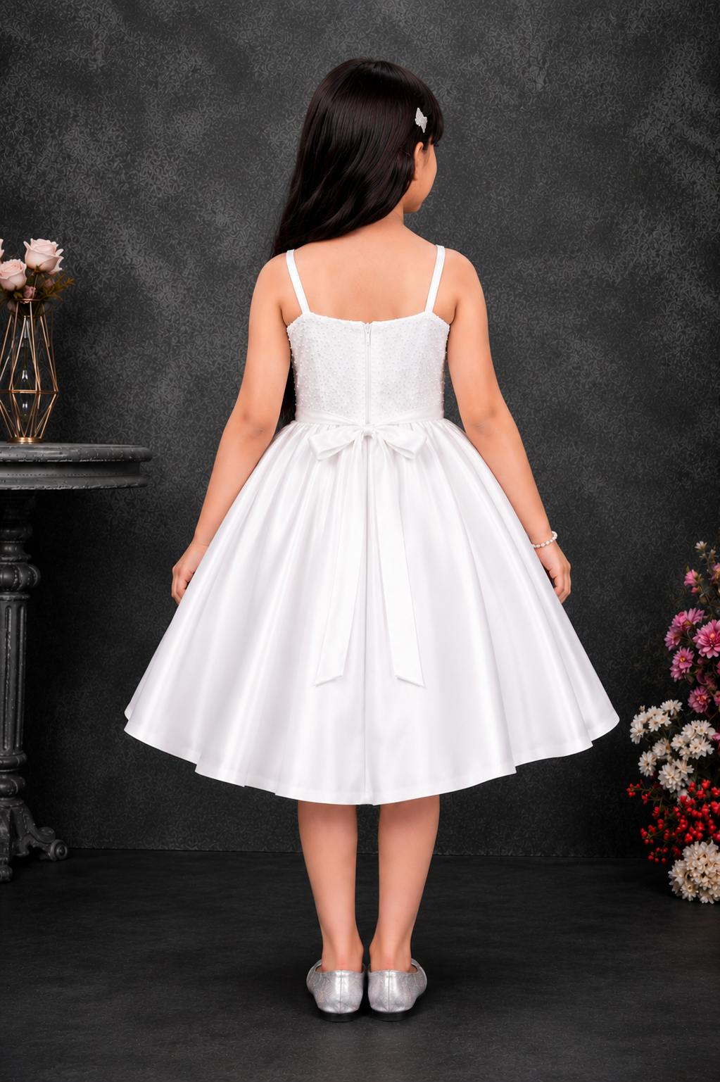 Girls white and fuchsia floral party dress back view