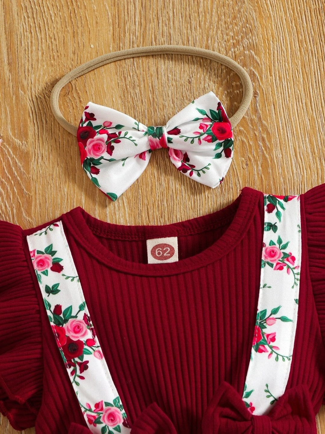 Adorable Burgundy Ruffle Top and Floral Suspender Skirt Set with Matching Headband - Inayah Fashion