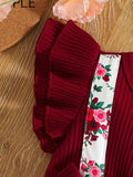Adorable Burgundy Ruffle Top and Floral Suspender Skirt Set with Matching Headband - Inayah Fashion