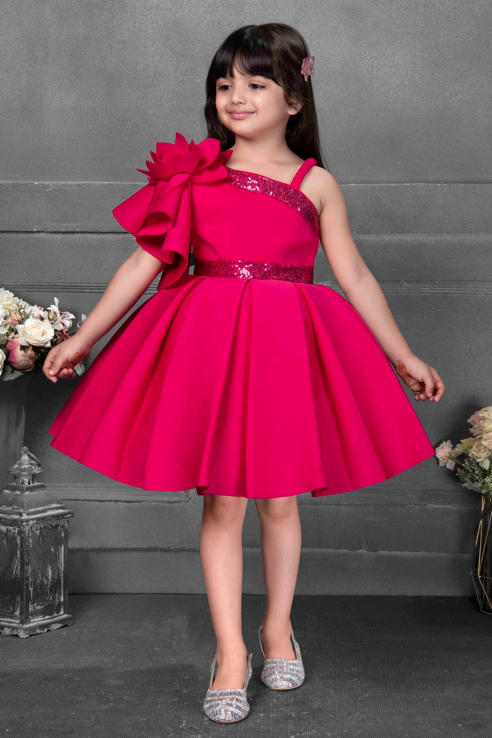 Hot Pink One-Shoulder Party Dress for Girls - Inayah Fashion