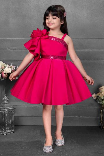 Hot Pink One-Shoulder Party Dress for Girls - Inayah Fashion