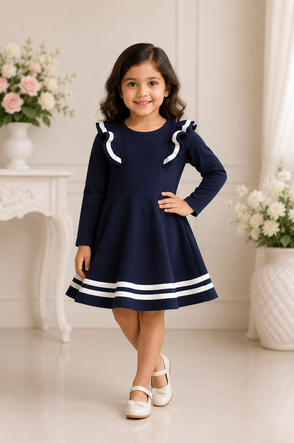 Navy blue cotton long sleeve dress for girls with white stripe detail and ruffle accents