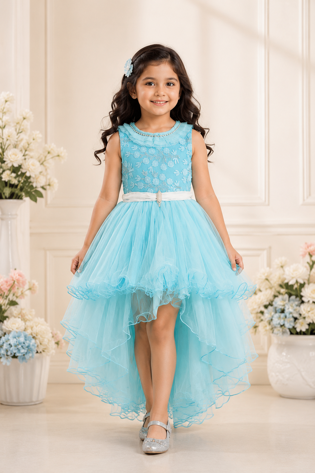 Blue high-low party dress for girls with floral embroidered bodice and layered net skirt
