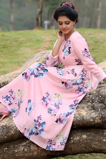 Elegant Pink Floral Printed Gown for Women – Full-Length Dress – Inayah  Fashion