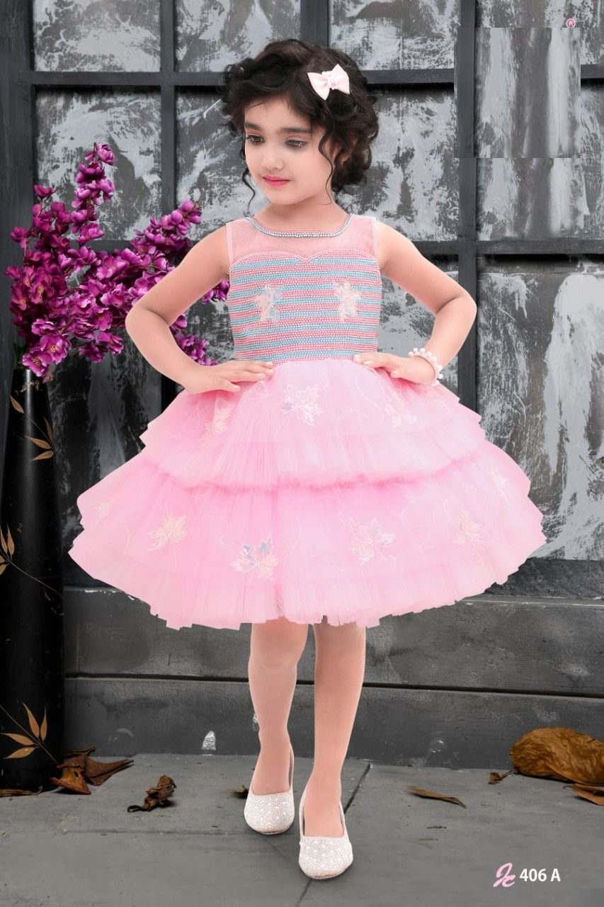 Blush Pink Layered Party Frock with Butterfly Embellishments - Inayah Fashion