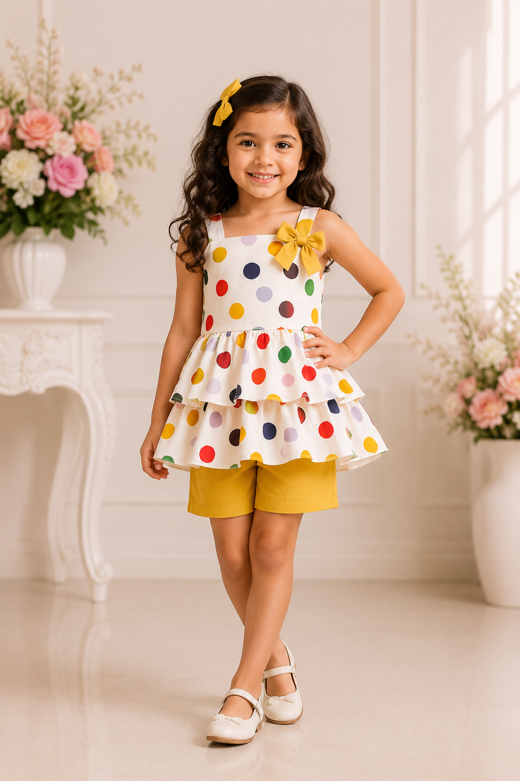 Polka dot sleeveless top with yellow shorts set for baby girls