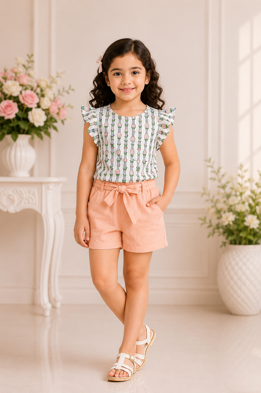 Printed top and peach shorts set for girls