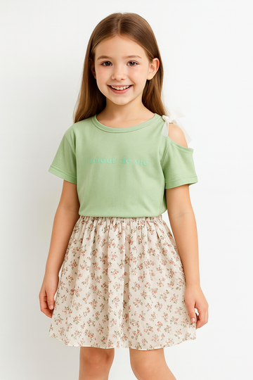 Cold Shoulder Green Top with Floral Skirt Set for Girls