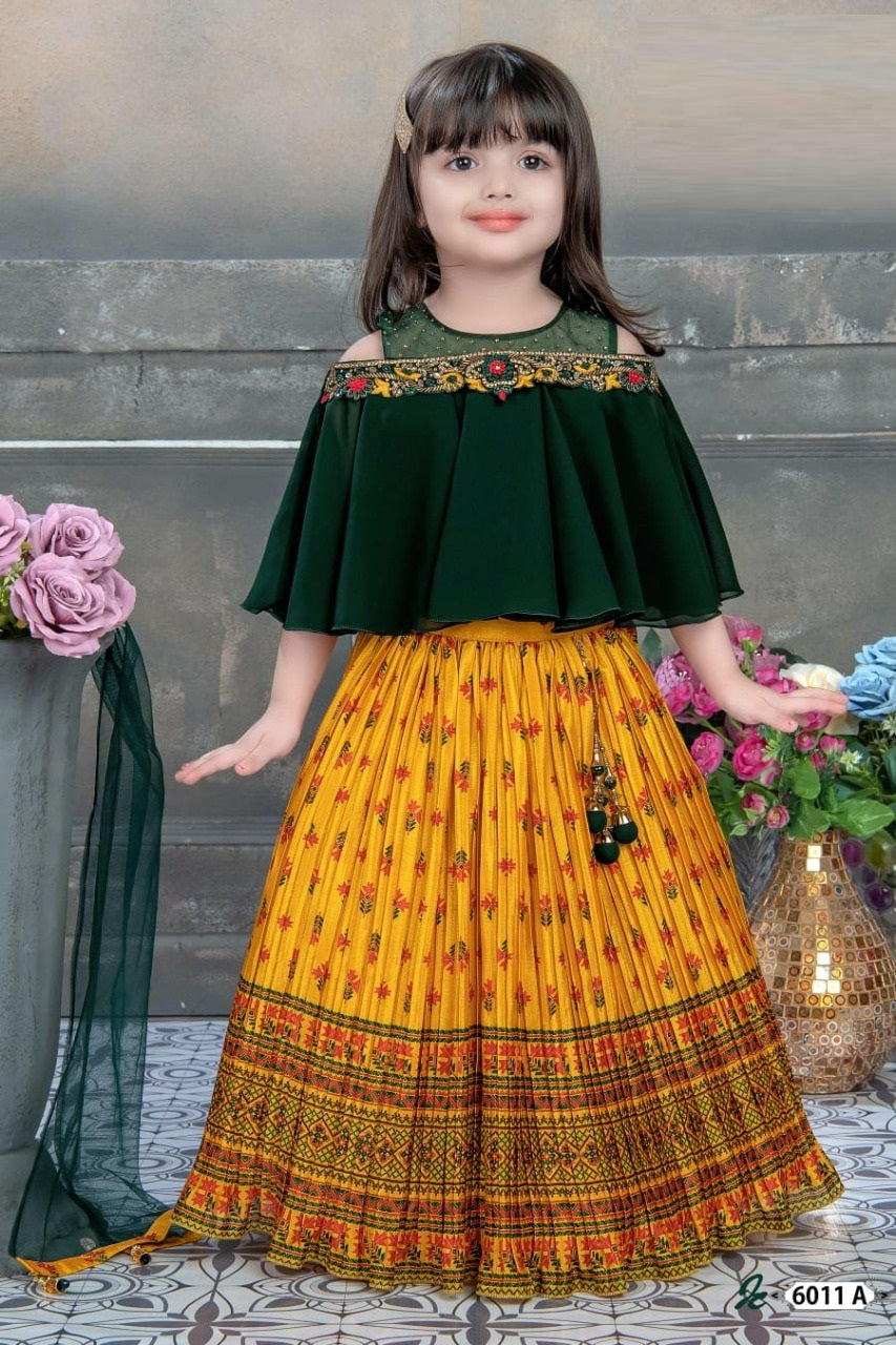 Traditional Mustard Skirt & Green Cape Top Set - Inayah Fashion