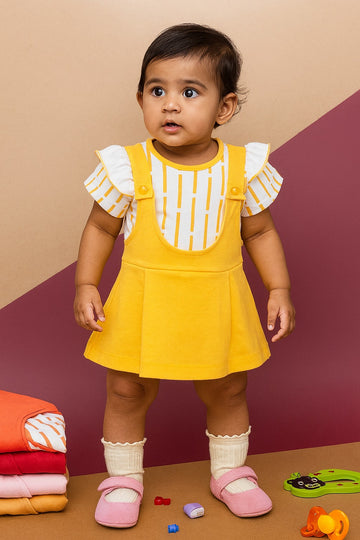 Yellow dungaree-style baby girl dress set with printed tee and flutter sleeves