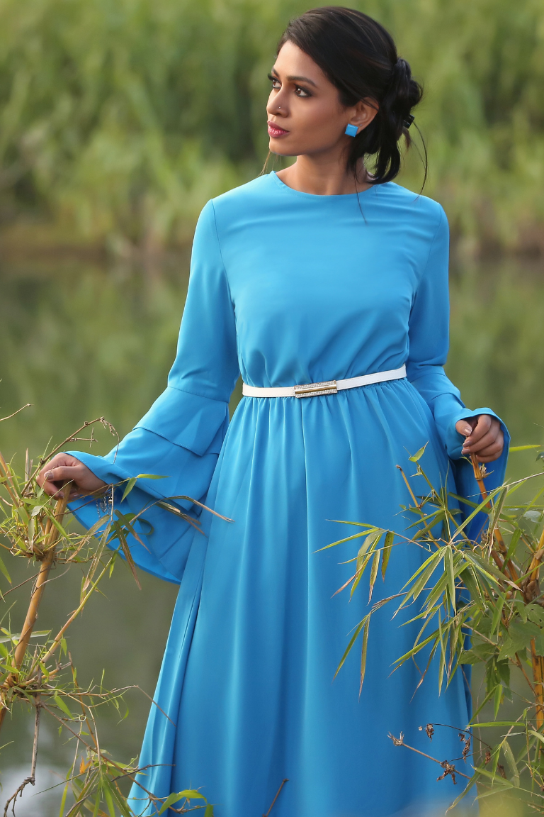 Sky Blue Flared Gown with Belt & Layered Sleeves