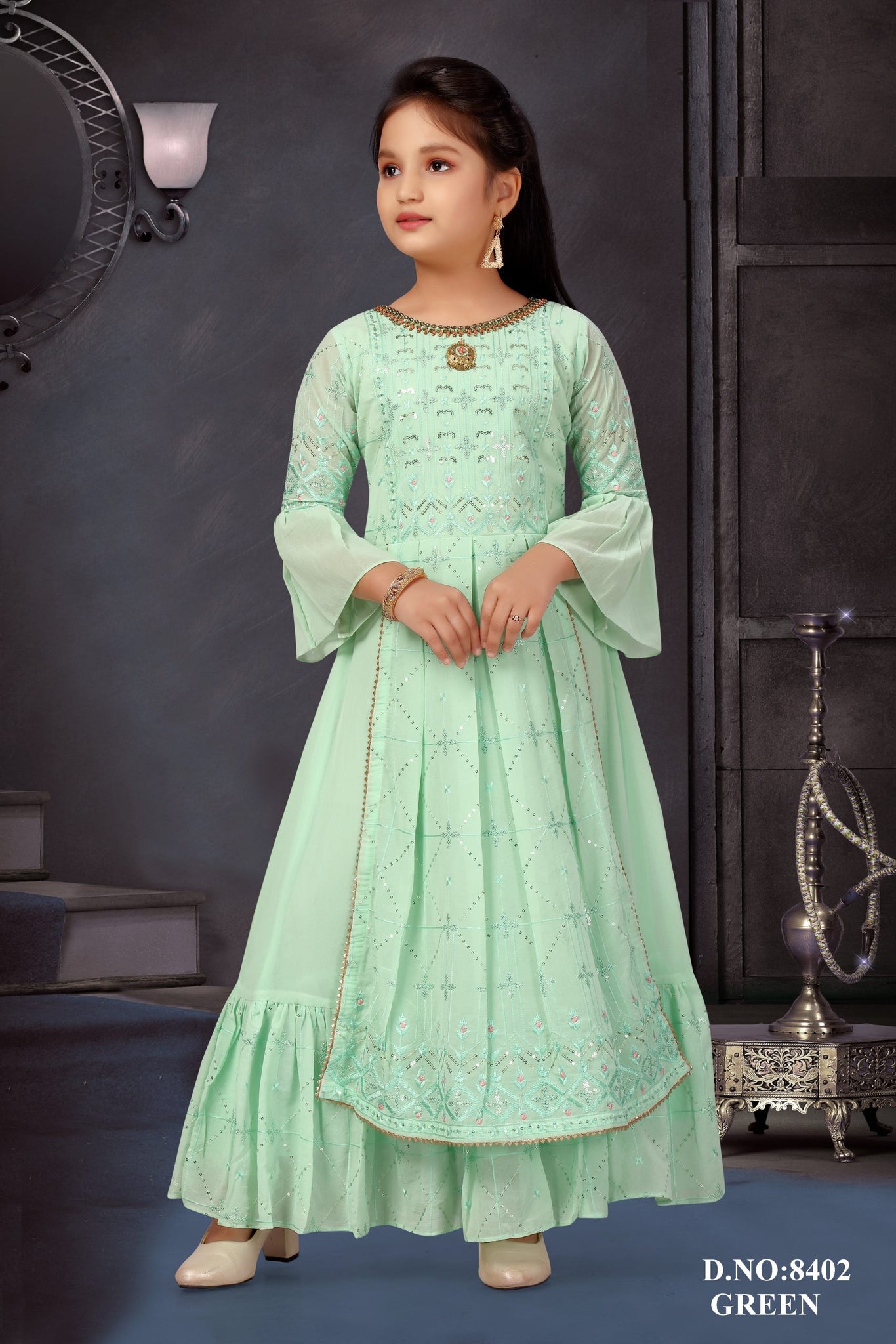 Elegant Mint Green Embroidered Anarkali Set for Girls  Inayah Fashion