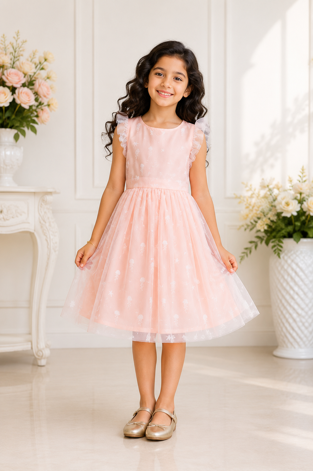 Light pink paisley embroidered lace party dress for girls
