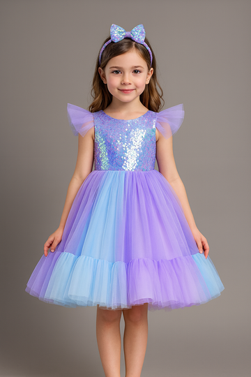 Lavender & Blue Sequin Princess Party Gown with Matching Headband – Kids Birthday Dress