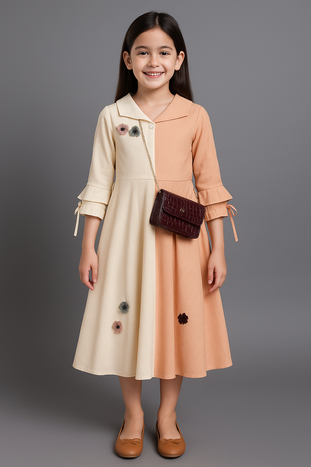 Elegant Cream & Peach Panelled Dress for Girls with Maroon Handbag & Chain - Inayah Fashion