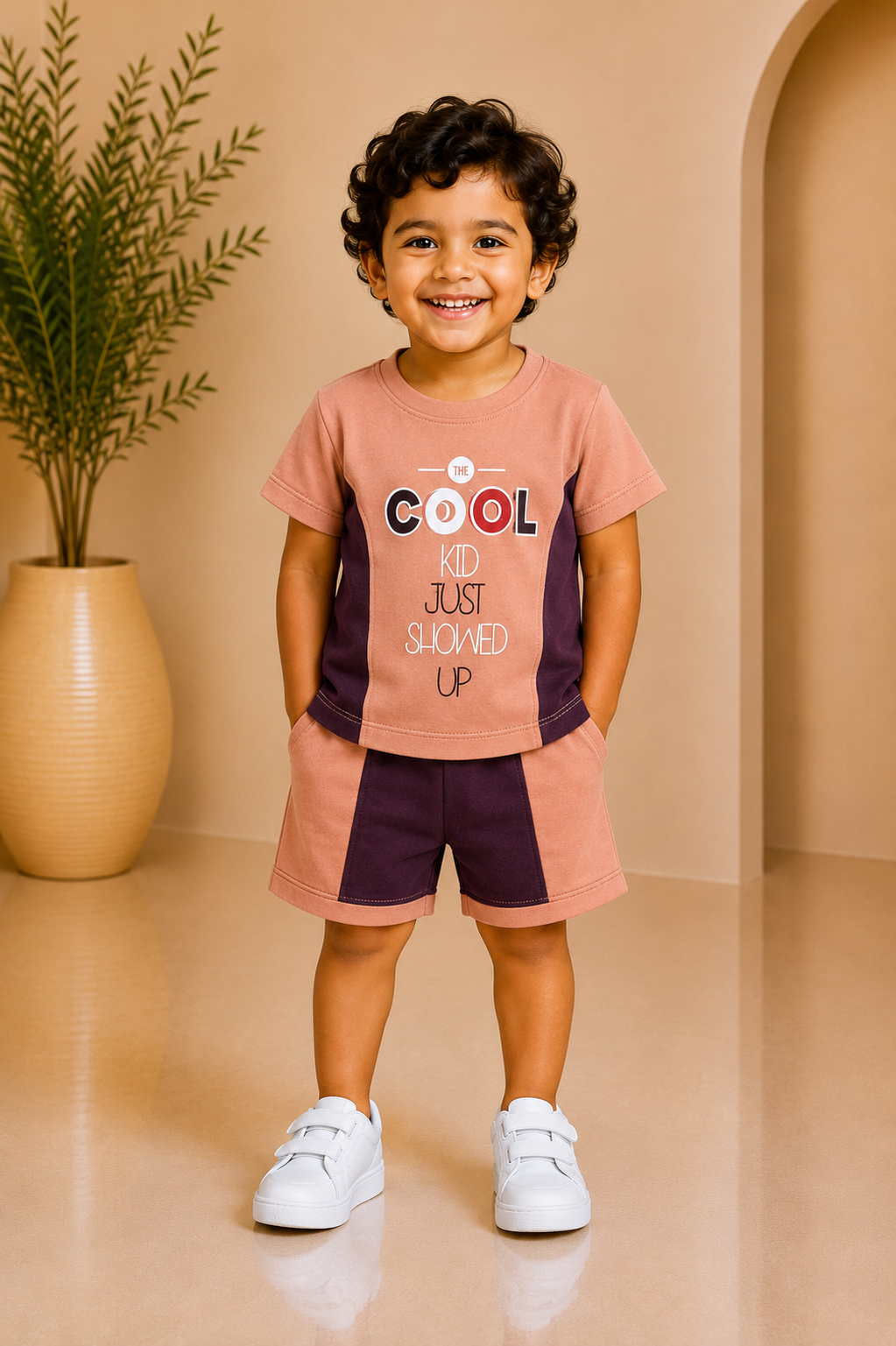 Baby boy coral 'Cool Kid' printed tee with colour-block shorts set