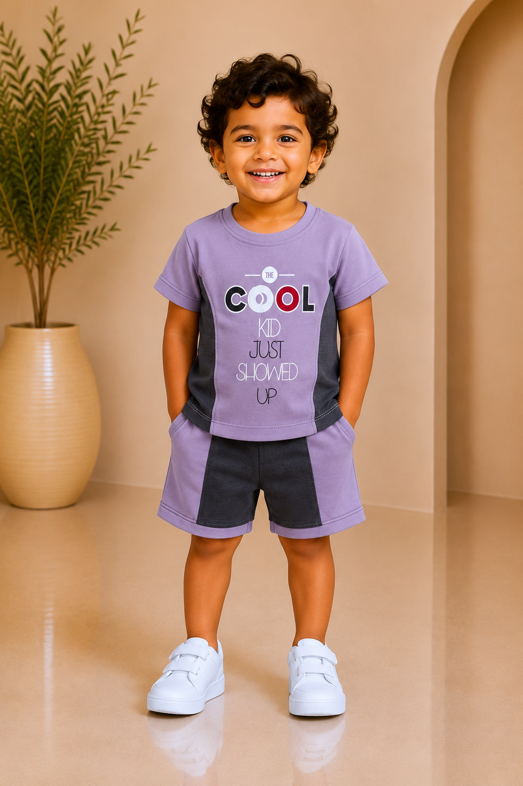 Baby boy lilac 'Cool Kid' printed tee with colour-block shorts set