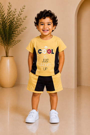 Baby boy yellow 'Cool Kid' printed tee with colour-block shorts set