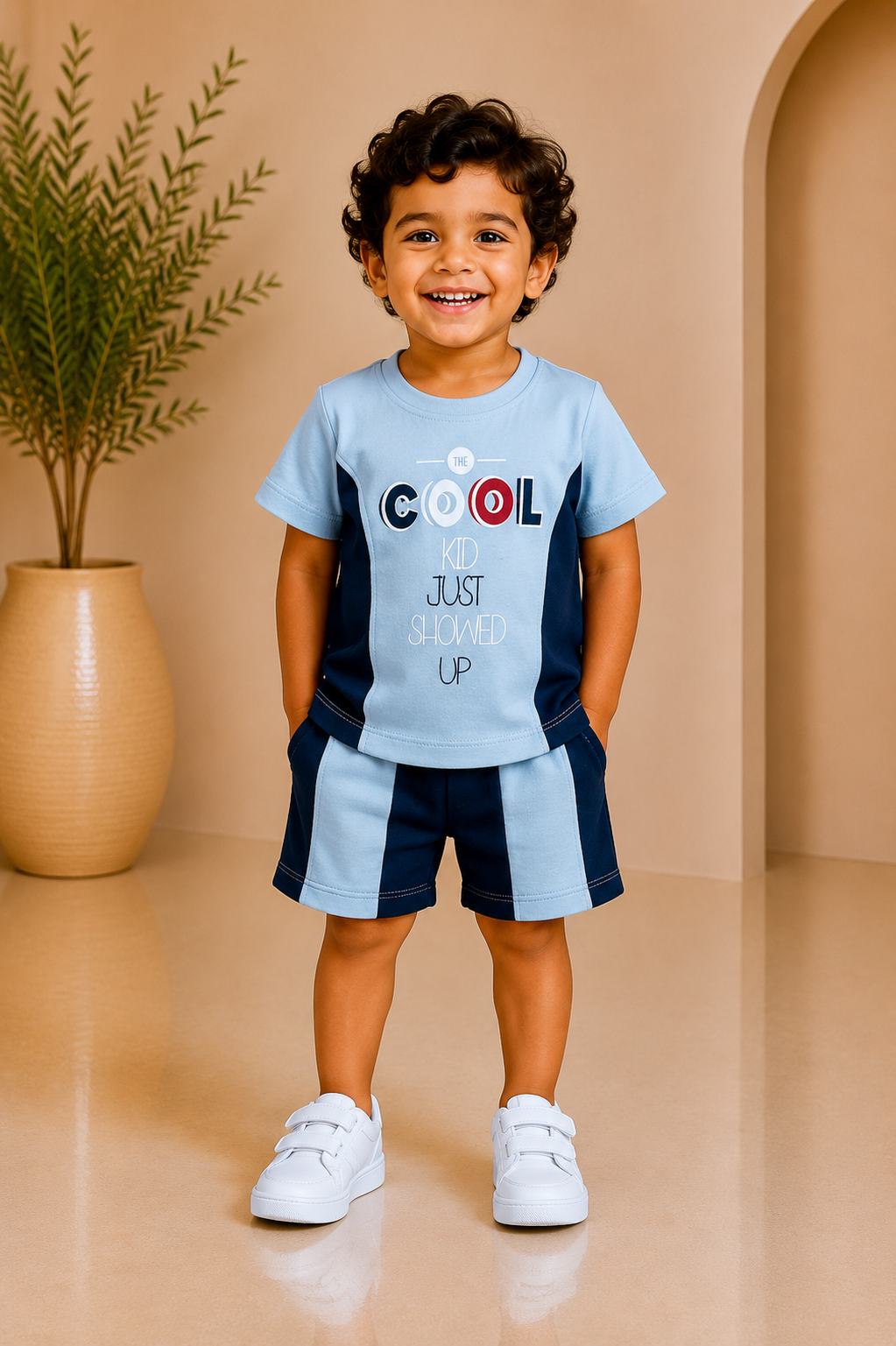 Baby boy sky blue 'Cool Kid' printed tee with colour-block shorts set