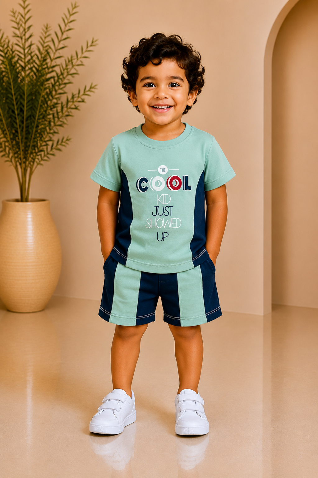 Baby boy sage green 'Cool Kid' printed tee with colour-block shorts set