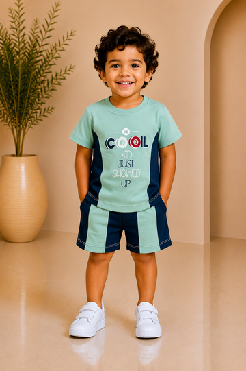 Baby boy sage green 'Cool Kid' printed tee with colour-block shorts set