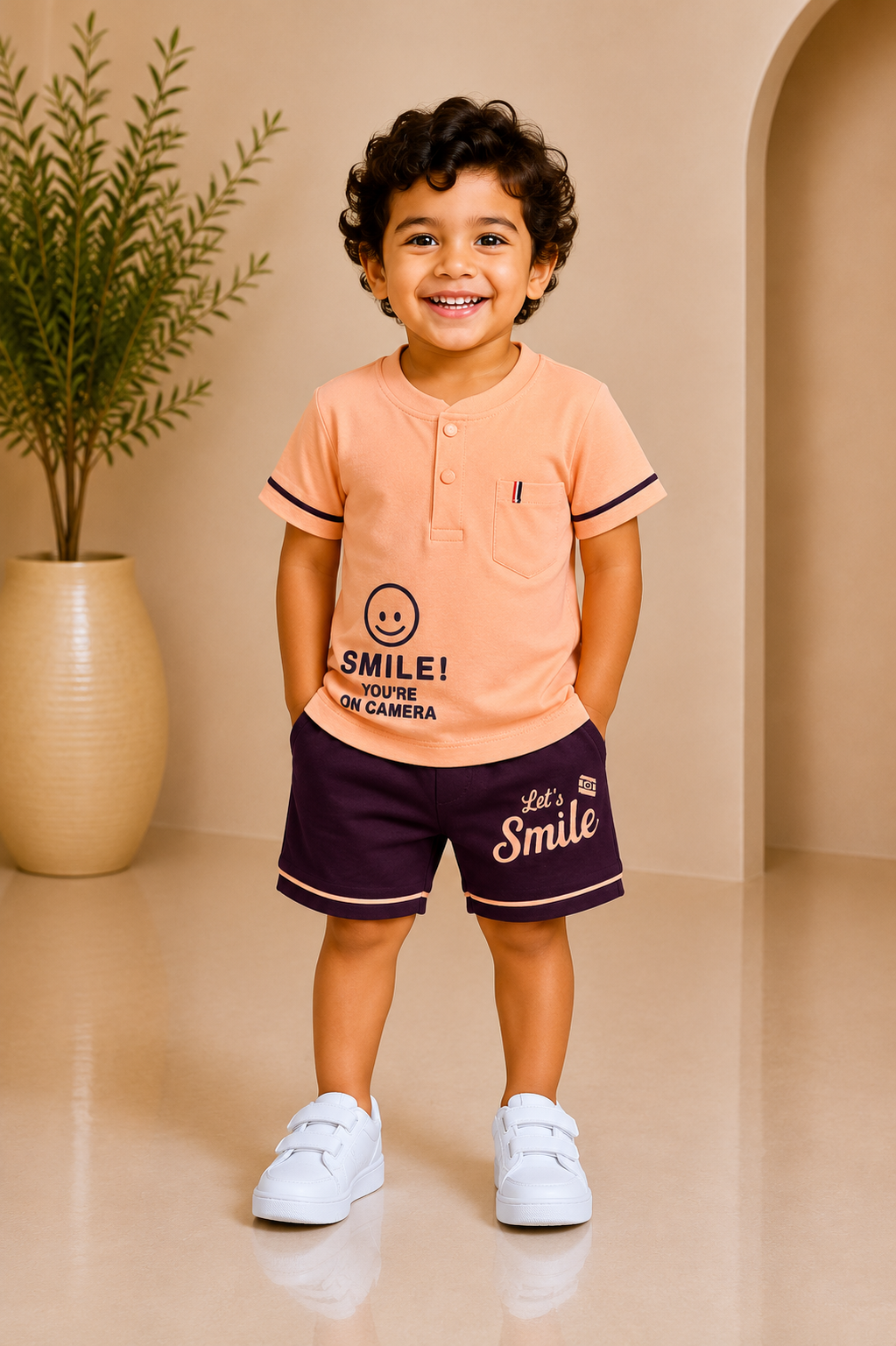 Baby boy peach 'Smile' henley tee and shorts set