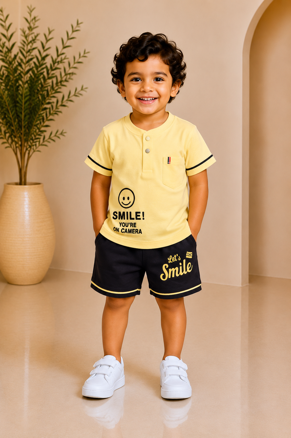 Baby boy yellow 'Smile' henley tee and shorts set