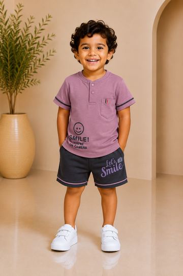 Mauve Smile Print Boys Casual T-Shirt & Shorts Set