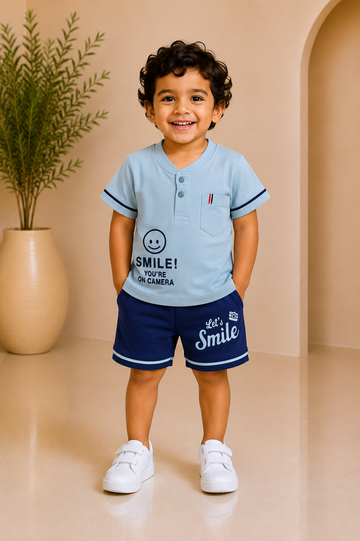 Sky Blue Smile Print Boys Casual T-Shirt & Shorts Set