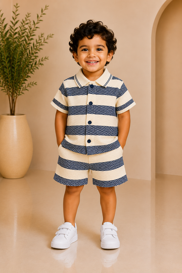 Navy Stripe Boys Textured Shirt & Shorts Set