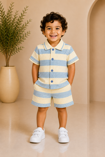 Sky Blue Stripe Boys Textured Shirt & Shorts Set