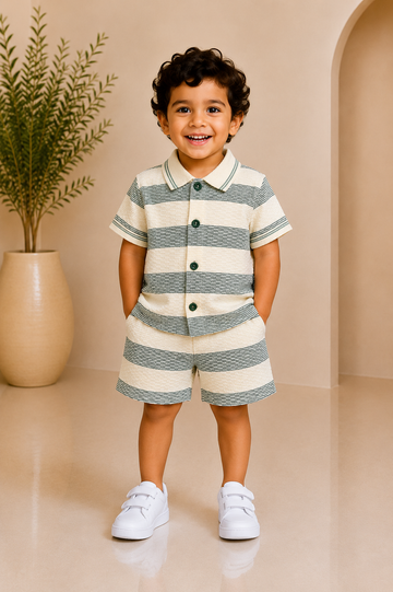 Sage Green Stripe Boys Textured Shirt & Shorts Set