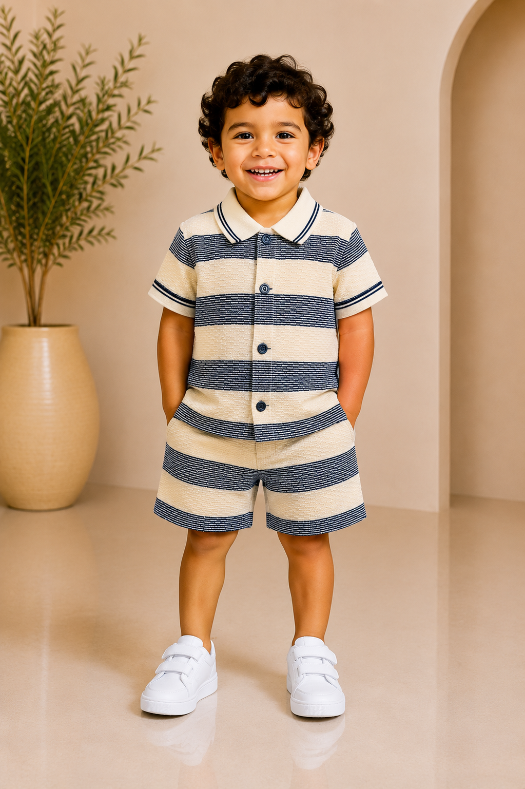 Baby boy navy and cream striped knit shirt and shorts set