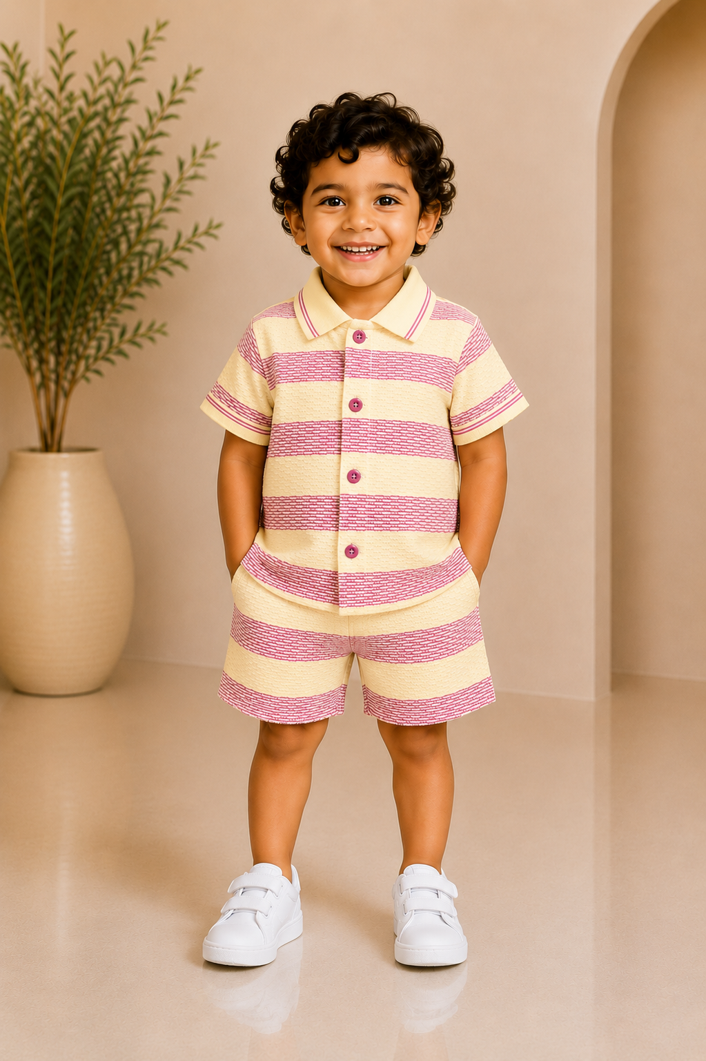 Baby boy dusty pink and cream striped knit shirt and shorts set