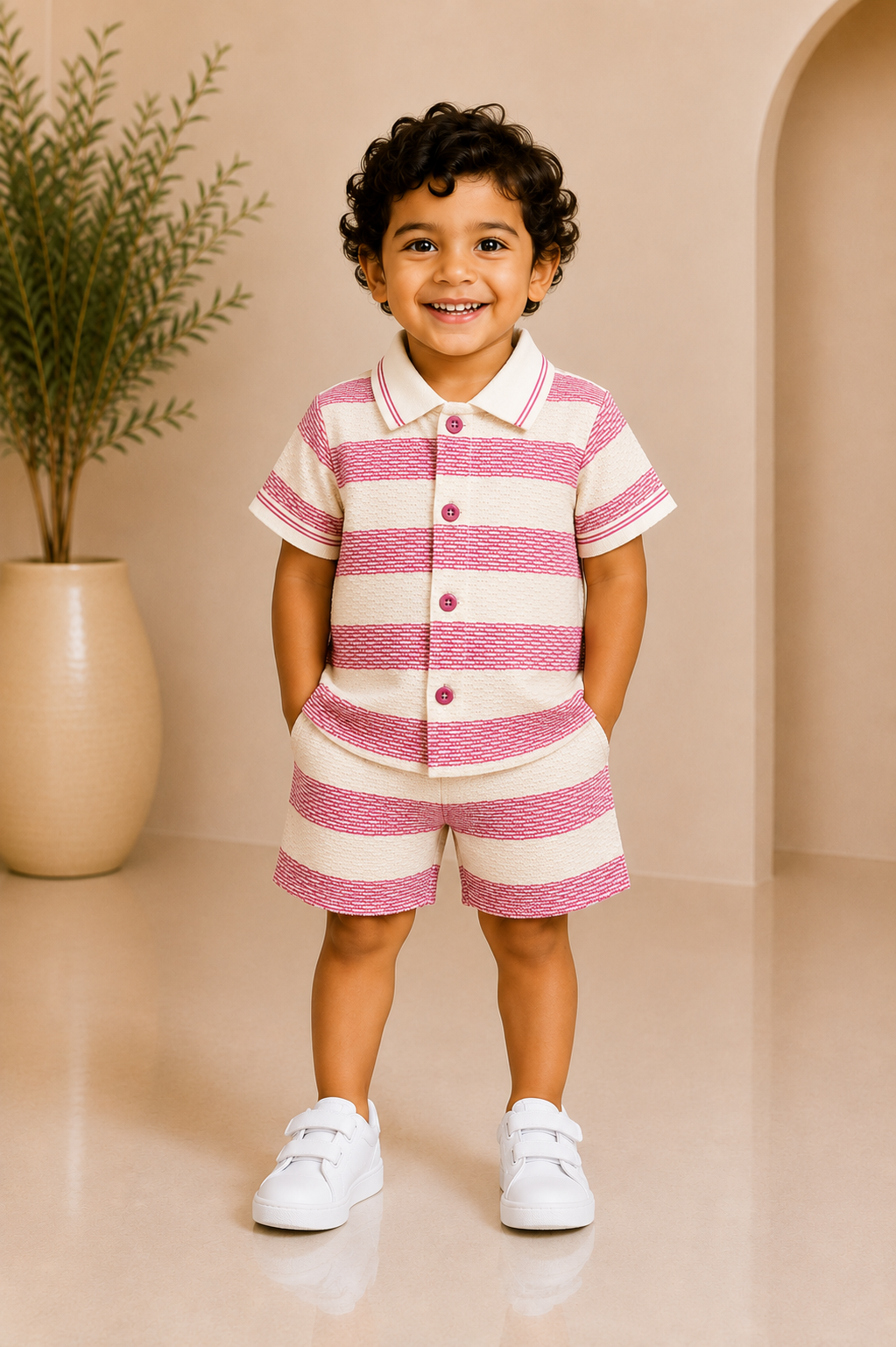 Baby boy rose pink and cream striped knit shirt and shorts set